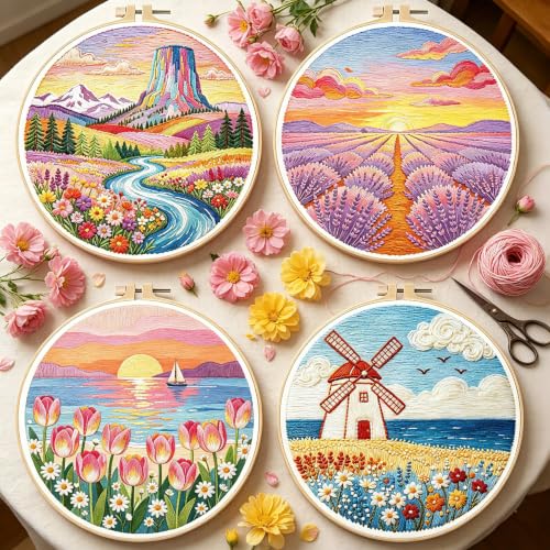 BEUNITONE 4 Set Embroidery Kits for Beginners, Pink Scenery Design with Pre-Stamped Pattern Craft Kits Include Instruction and Hoops, 7.9"x7.9" Needlepoint Kits for Festival Gifts and Home Decor - style: C-Dreamy Scenery