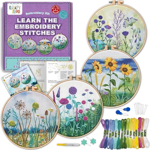 Embroidery Kit for Beginners Adults - 4 Floral Patterns, Learn 17 Stitches - color: 4 Watercolor Flowers
