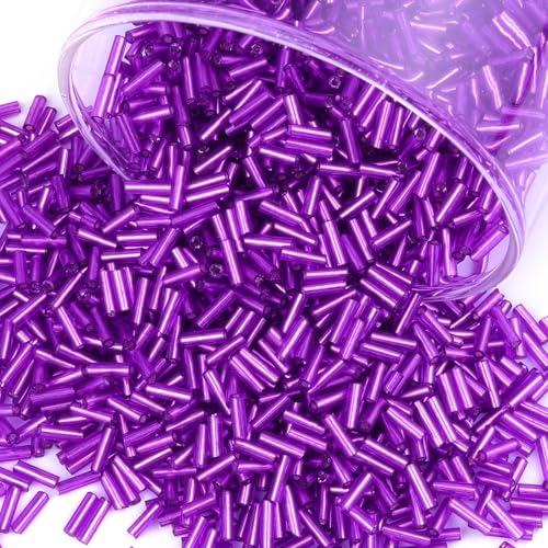 4000 Pcs Bright Purple Glass Bugle Beads, 2 x 7 mm Embroidery Beads, Small Long Tube Seed Beads for Embroidery Craft Jewelry Making - color: Bright Purple