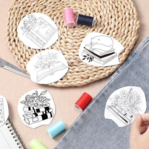 Water Soluble Embroidery Patterns Stabilizers, 3 Sheets Book Lover Stick and Stitch Papers Wash Away, Cat Flower Transfers Papers DIY Crafts Gifts for Hand Sewing Lover Beginners - size: Book Flower