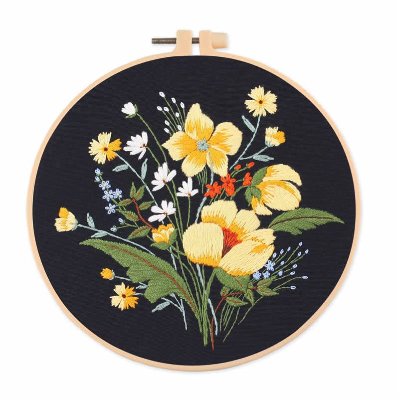 Amiiba Embroidery Starter Kit with Yellow Flowers Pattern, DIY Full Range Stamped Embroidery Cross Stitch Kits for Beginners Adults (Yellow Flowers) - color: Yellow Flowers