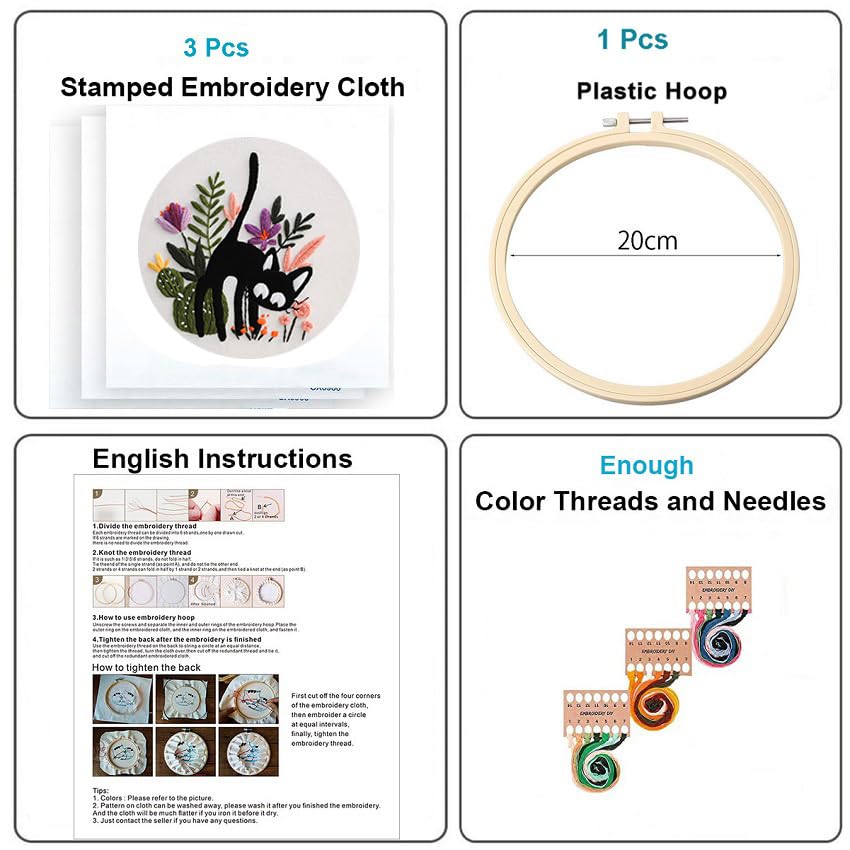 Konrisa 3pcs Embroidery Kits for Beginners Creative Black Cat and Flower Pattern Cross Stitch Practice Kit DIY Sewing Needlepoint, Include 1pcs Hoop - color: black cats