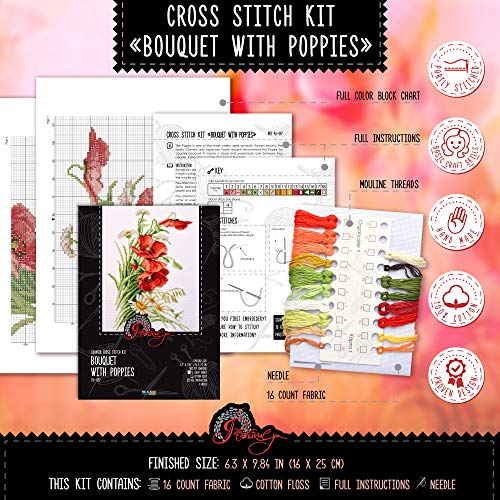 Povitrulya Counted Cross Stitch Kit 'Bouquet with Poppies' - Poppies and Daisies Wildflowers Hand Embroidery Set … - color: Bouquet with Poppies