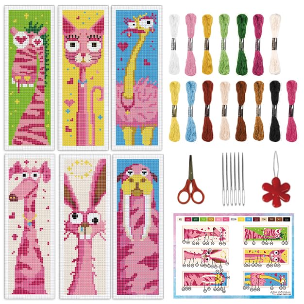 INFUNLY 6pcs Abstract Animal DIY Cross Stitch Bookmark Kits for Beginners Pink Theme Cross Stitch Kit with Instruction Bunny Cat Dog Stamped Embroidery Bookmark Kit for Book Lovers Readers Gift - style: 6pcs Abstract Animal