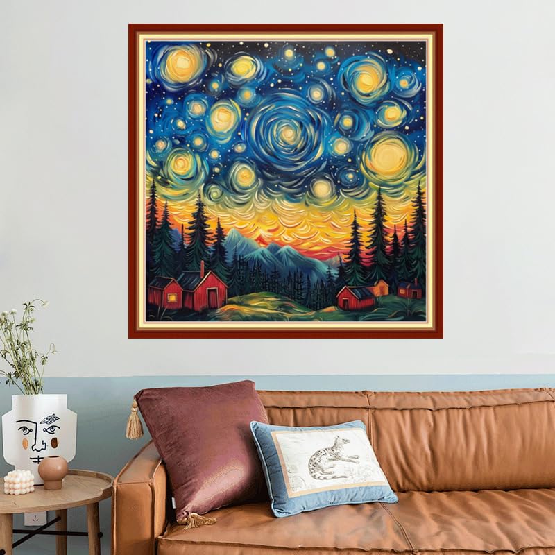 Joyhoor Stamped Cross Stitch Kits for Beginners, Needlepoint Kits for Adults, 11CT Counted Embroidery Kits-Van Gogh Starry Sky 18x18 inchs - color: Artstyle05