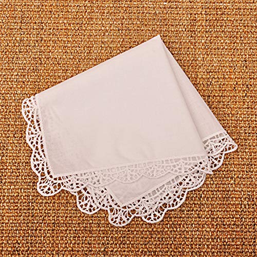 Milesky White Wedding Handkerchief Pure Cotton, Soft Ladies Hanky with Crochet Lace - color: Ch05