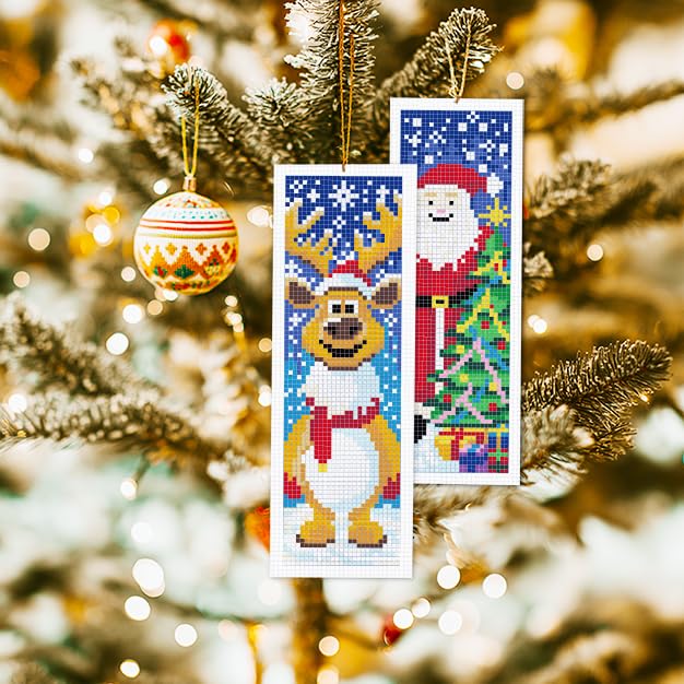INFUNLY 6PCS Christmas Cross Stitch Bookmark Kit for Adults Xmas Tree Cross Stitch Kits DIY Crossstitch Kits Snowman Deer Stamped Embroidery Bookmark Kit with Instructions for Book Lovers Readers - style: Christmas Elements