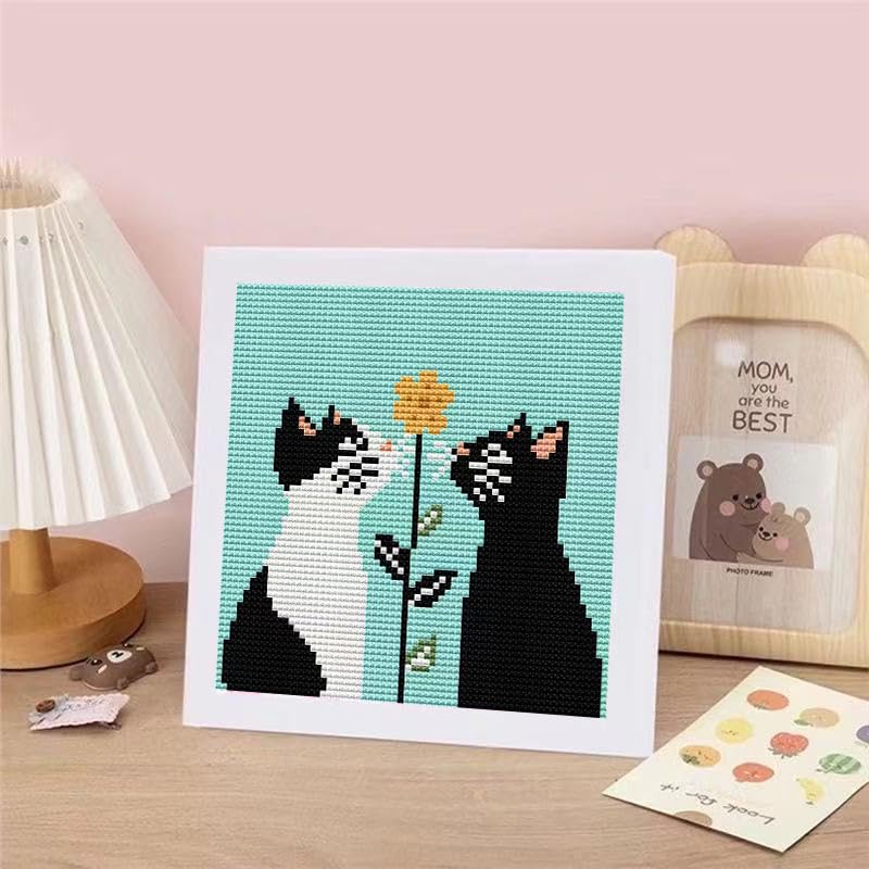 Tiwabb Cat Flower Stamped Cross Stitch Kits for Adults Beginners with Frame - color: Cat Cross Stitch with Frame
