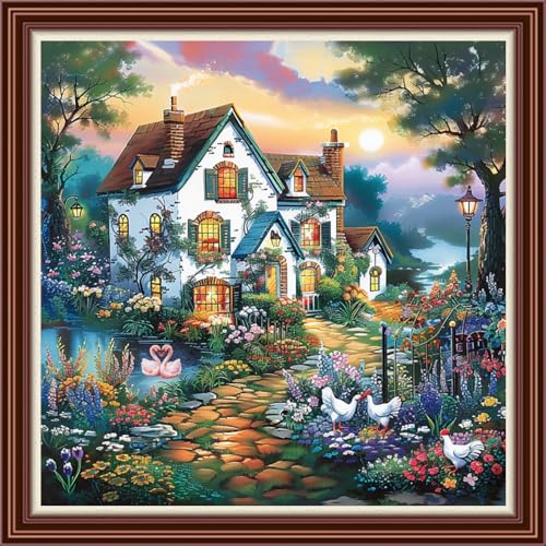 Dimensean Counted Cross Stitch Kit for Beginners, 11CT Unprinted Cross-Stitch Kit Easy Patterns Needlepoint Kit Cross Stitching Embroidery Kit Supplies-Beautiful Home 18x18 inch - color: Patterns21