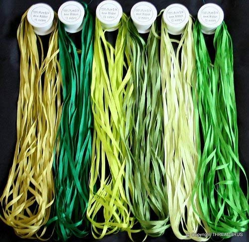 Green Tones 7mm 100% Pure Silk Ribbon Set, 6 Spools (10 Meters Each)