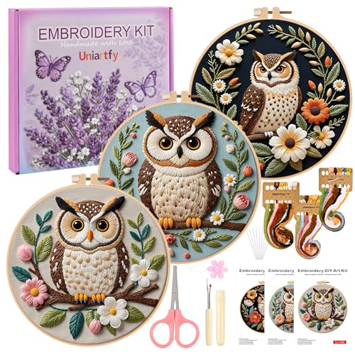 Uniartfy 3 Sets Embroidery Kit for Beginners with Owl Flower Pattern, Hand Needlepoint Kits for Adults, Embroidery Starter Kits with Hoops, Step by Step Video & Instructions, DIY Cross Stitch Kit - color: Embroidery Kit-H
