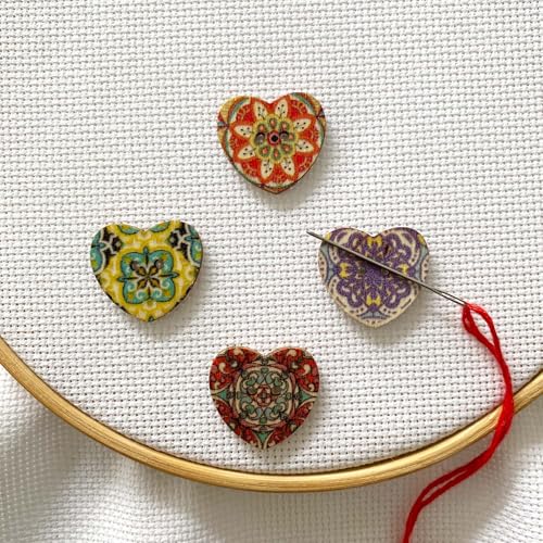 DPXWCCH 4 Pieces Heart Floral Needle Minders for Cross Stitch Wooden Magnetic Needle Keepers Embroidery Needlework Accessories