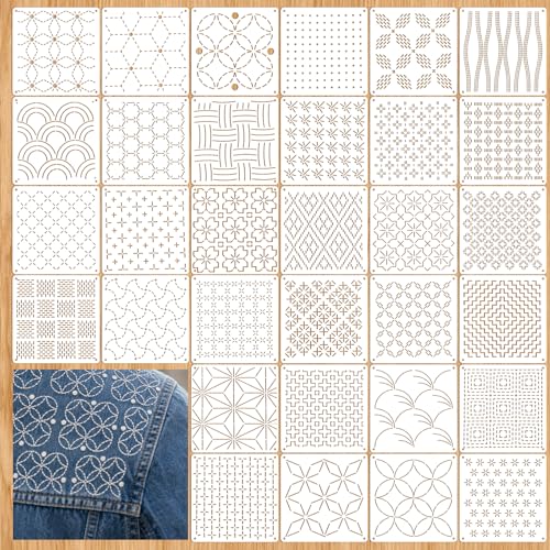 32Pcs Plastic Sashiko Stencil Kit Geometric Sashiko Pattern