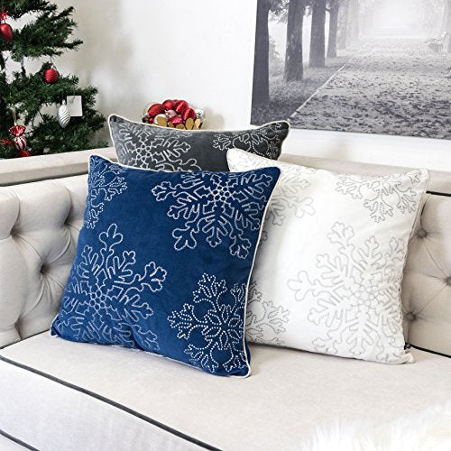 Embroidery Blue Velvet Throw Pillow Cover, Merry Christmas Series Snowflake Luxury Soft Fuzzy Cozy Warm Slik Gift Square Couch Cushion Pillow Case 20 x 20 Inch, Cover Only - color: Snowflake-blue