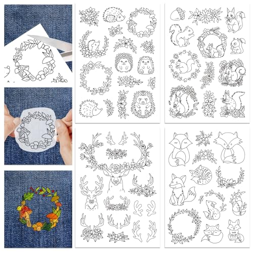 GLOBLELAND 4 Sheets Forest Animals Water Soluble Embroidery Pattern - color: Forest Animals