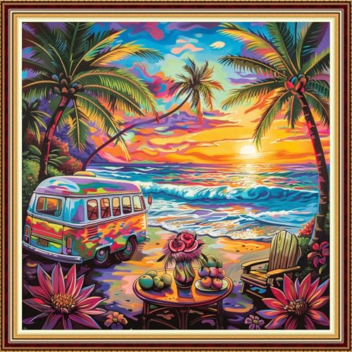 Fanxvivy Stamped Counted Cross Stitch Kits for Adults Printed Cross-Stitch Patterns 11CT Stamped or Counted Cross Stitching Embroidery Kit Needlepoint Kits-Sunset Afternoon Tea 18x18 inch - color: Artkits30