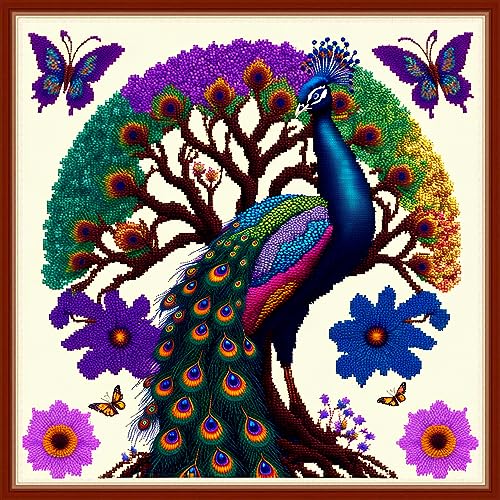 Dimensean Stamped Cross Stitch Kits Full Range of Embroidery Patterns Starter Kits for Beginners Adult DIY Cross Stitches Needlepoint Kits 11CT-Peacock Butterfly 17.7x17.7 inch - color: Pattern Style 10