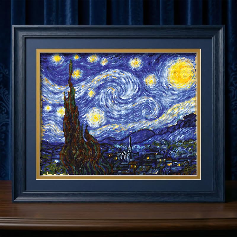 Povitrulya Counted Cross Stitch Kit for Adults 'Starry Night' by Vincent Van Gogh - Impressionist Art - Embroidery Set with Pattern, Famous Painting Design