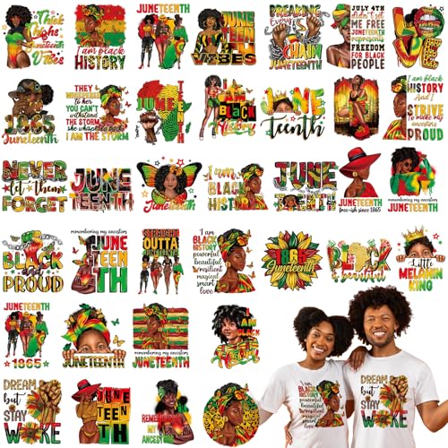 Tellingyou 36 Sheets Juneteenth Iron on Transfer Juneteenth Month Patches Dtf Ready to Press Vinyl Red Green Black Iron on Patch Embroidered for T Shirt Jacket Pillow Covers Backpack Hoodies DIY Decor - style: Black History Month