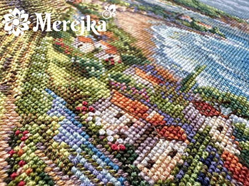 Merejka Counted Cross Stitch Kit for Adults — Coastline View (K-226) — Zweigart 16-Count Ecru Aida, DMC Mouliné Threads, John James Needle — 40 Colors — 33.5x25 cm (13.2x9.8 inches)