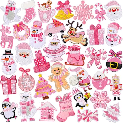 AUGSUN 36pcs Pink Christmas Iron on Patches Xmas Embroidered Sew Applique - style: Pink Christmas