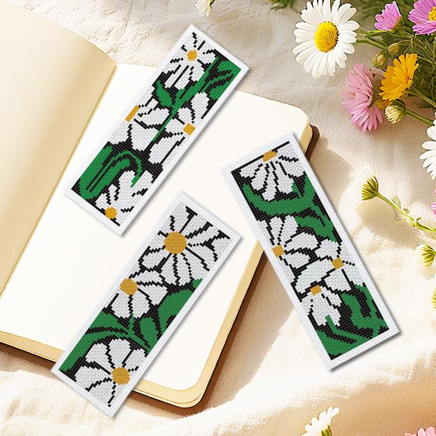 INFUNLY 6pcs White Daisies Cross Stitch Bookmark Kit for Beginners DIY Green Leaf Stamped Embroidery Bookmark Kits Flowers Needlepoint Kit with Instruction Easy Cross Stitch Set for Book Lovers Reader - style: Daisies