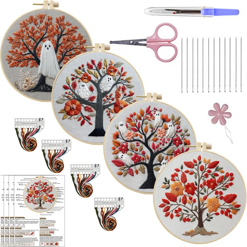LB 4-Pack Halloween Ghost Embroidery Kit for Beginners: Orange Fall Tree Cross Stitch Kit | Adults DIY Starter Kit Includes Embroidery Hoop, Colorful Threads, Tools and Instructions - color: Orange Red