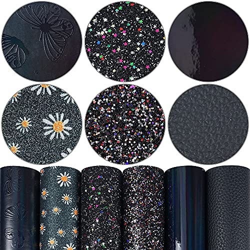 Litchi 6 Pack 8x12 Inch Faux Leather Sheets for Bow Earring, Easy to Cut Vinyl Fabric for Cricut, Durable Fade Resistant Leatherette Without Smell, Black - color: Black Mix