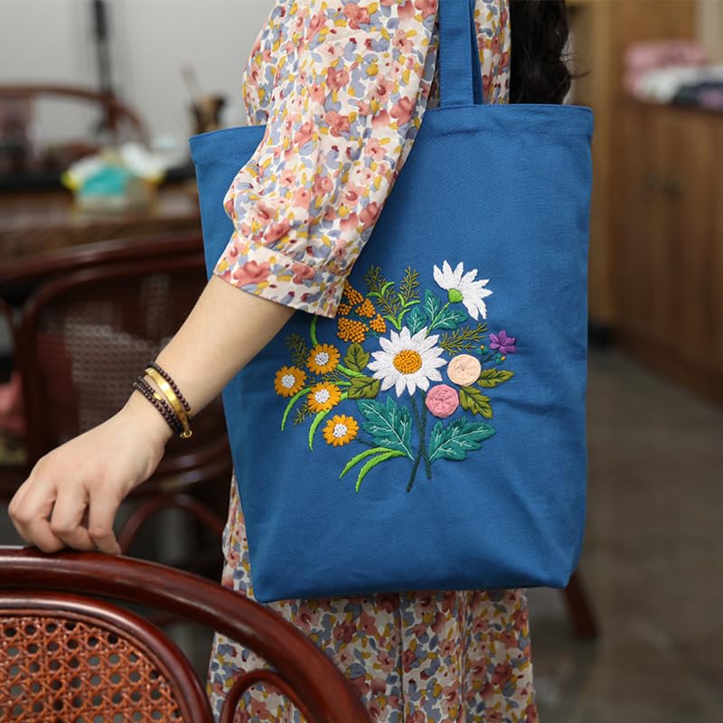 Canvas Tote Bag Embroidery Kit with Pattern for Beginners, Arts and DIY Embroidery Crafts Kits for Adults, Instructions, thimble, Embroidery Hoops, Color Threads (darkblue, CR002 chenhuicaoxin) - color: CR002 chenhuicaoxin darkblue
