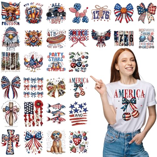 30Pcs Papiailove 4th of July Dtf Transfers Ready to Press Fourth of July Independence Day Iron on Transfers for Tshirts 250th Anniversary Transfer Vinyl Stickers for Clothing Pillows Bag DIY Crafts - color: 4th of July