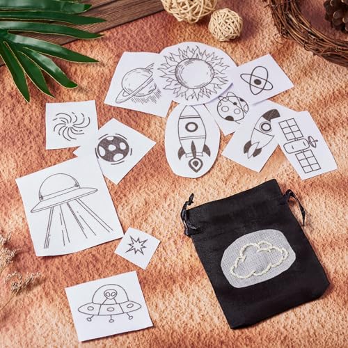 Magibeads 68 Patterns Space Theme Water Soluble Embroidery Patterns Rocket Planets Astronauts Stick and Stitch Transfer Embroidery Paper for Adult Beginners Hand Sewing Starter Kit - color: Space