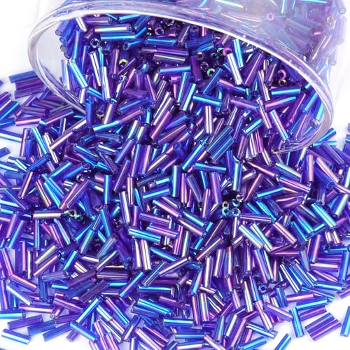 4000 Pcs Oil Slick Purple Blue Glass Bugle Beads, 2 x 7 mm Embroidery Beads, Small Long Tube Seed Beads for Embroidery Craft Jewelry Making - color: Oil Slick Purple Blue