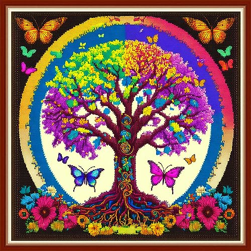 Dimensean Stamped Cross Stitch Kits Full Range of Embroidery Patterns Starter Kits for Beginners Adult DIY Cross Stitches Needlepoint Kits 11CT-Butterfly Life Tree 17.7x17.7 inch - color: Pattern Style 18