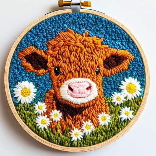 DIY Punch Needle Kits Highland Cow with Daisy Flower with Hoop 20x20cm-1 - color: 01-Highland Cow