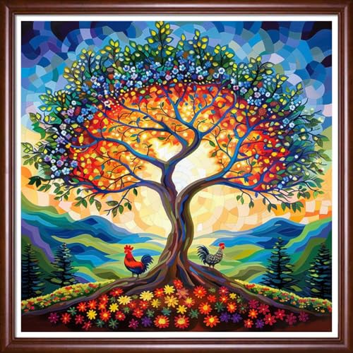 Redxing Stamped Cross Stitch Kits Full Range of Embroidery Starter Kits- Needlepoint Counted Cross Stitch Kits for Beginner Adults 11CT Printed Embroidery Kit-Colorful Tree Sunrise 18x18 inchs - color: DIYArtsKit07