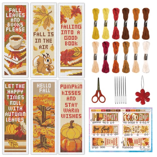 INFUNLY 6pcs/Set Thanksgiving Cross Stitch Bookmarks Kit Fall Leaves Book DIY Stamped Embroidery Bookmark Vintage Pumpkin Handmade Cross Stitch Bookmarks with Backing Felt Instruction for Book Lover - style: Thanksgiving