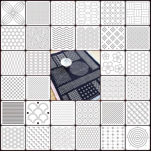 32 PCS Sashiko Stencil Kit, 5.1x5.1 Inch Reusable Pattern Drawing Templates,Durable Plastic Craft Stencil for DIY Sewing, Embroidery, Scrapbooking and Handmade Art Decoration