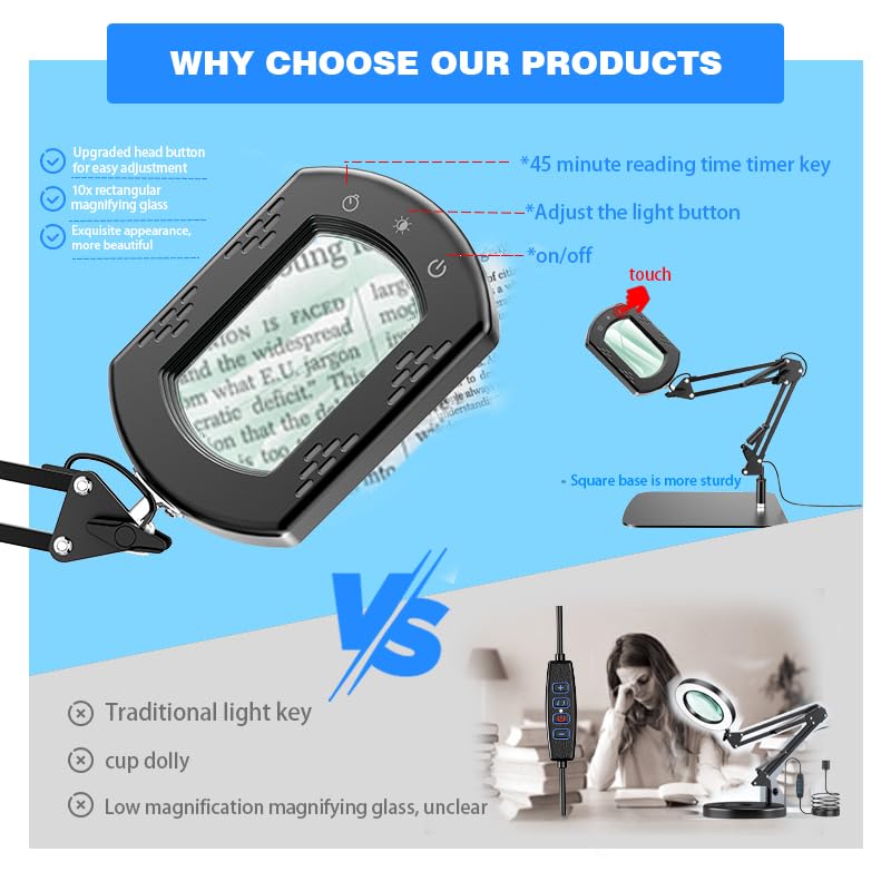 Magnifying Glass with Light and Stand, 15X Hands Free Lighted Magnifying Lamp with 5 Color Modes and Swing Arm, Dimmable LED Desk Magnifier for Crafts, Sewing, Reading, Jewelry, Soldering, Seniors