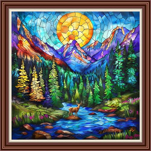 Dimensean Counted Cross Stitch Kit for Beginners, 11CT Unprinted Cross-Stitch Kit Easy Patterns Needlepoint Kit Cross Stitching Embroidery Kit Supplies-Sunrise, Mountains, Rivers, elk 18x18 inch - color: DIYColor19