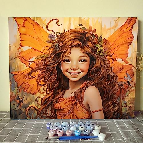 Angel Girl Butterfly Paint By Bumbers for Adults Beginner Cute Girl with Wreath DIY Paint by Numbers Acrylic Paint Canvas Orange Flower Bedroom Painting Kits Art 16x20 Inch （DIY Frame ） - color: Angel-03, size: 16''Wx20''H(DIY Frame)