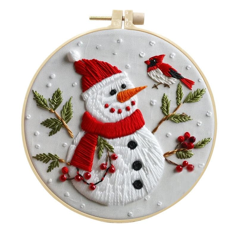 Christmas Embroidery Kit DIY Hand Embroidery Starter Cross Stitch Kits, Christmas Ornaments Embroidery with Stamped Pattern,Cotton,Threads,Needles,Instructions for Adults Beginners (Snowman) - color: Snowman