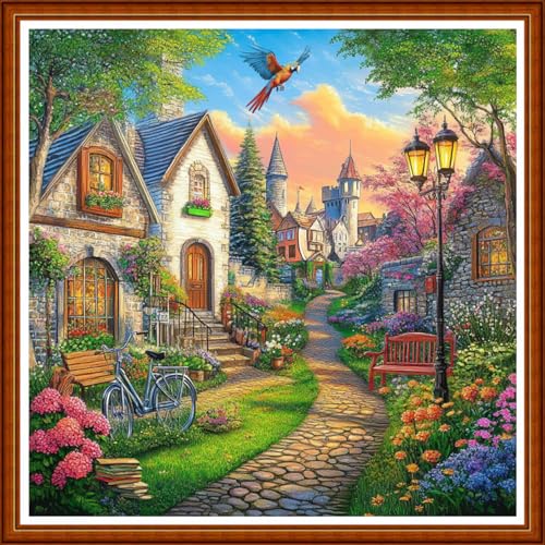 Redxing Counted Cross Stitch Kit for Beginners,Unprinted Needlepoint Kits for Beginners Cross Stitching Embroidery Kit 11CT Stitches kit-Charm Garden Trail 18x18 inch - color: SetColor19