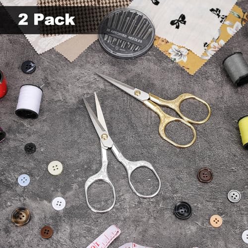 Small Embroidery Scissors,Set of 2 Sewing & Craft Scissors for Precision Cutting,Stainless Steel Fabric Paper Scissor,Gold & Silver