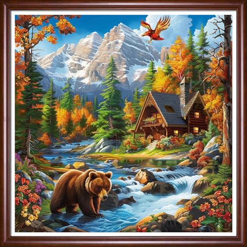 Redxing Stamped Cross Stitch Kits Full Range of Embroidery Starter Kits- Needlepoint Counted Cross Stitch Kits for Beginner Adults 11CT Printed Embroidery Kit-Deep Autumn Brown Bear 18x18 inchs - color: DIYArtsKit05