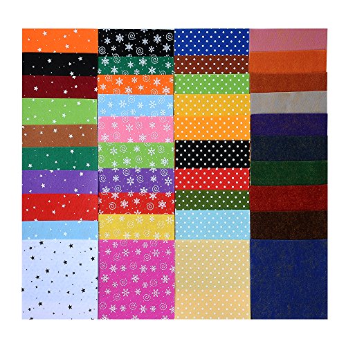 DIY Polyester Patterned Felt Fabric Squares Sheets Assorted Colors 6x6 inch for Crafts, 1mm Thick 40Pcs