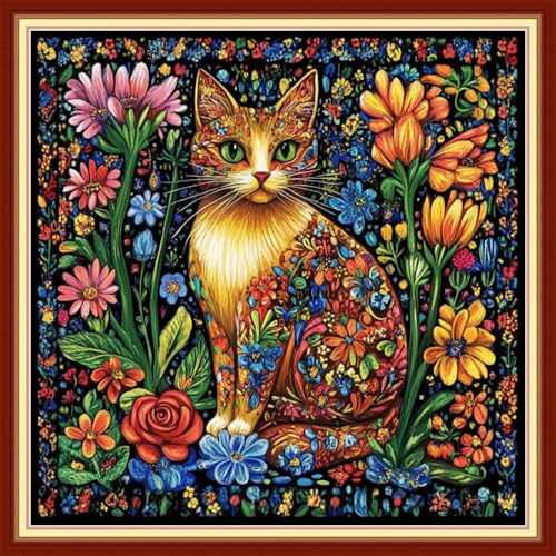 Magxvouy Cross Stitch Kits Stamped Full Range of Embroidery Kits,Cross Stitch Patterns Needlework Kits for Beginners 11CT Printed Kits&Colorful Flower Cat 18x18 inch - color: Artcolor01