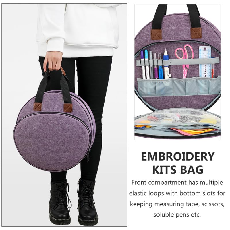 EXCEART Embroidery Project Handbag Embroidery Kit Storage Bag with Multiple Elastic Loops Zipper Pocket Large Circular Opening Handle 12.59 X 11.81 X 2.36 in - color: Purple