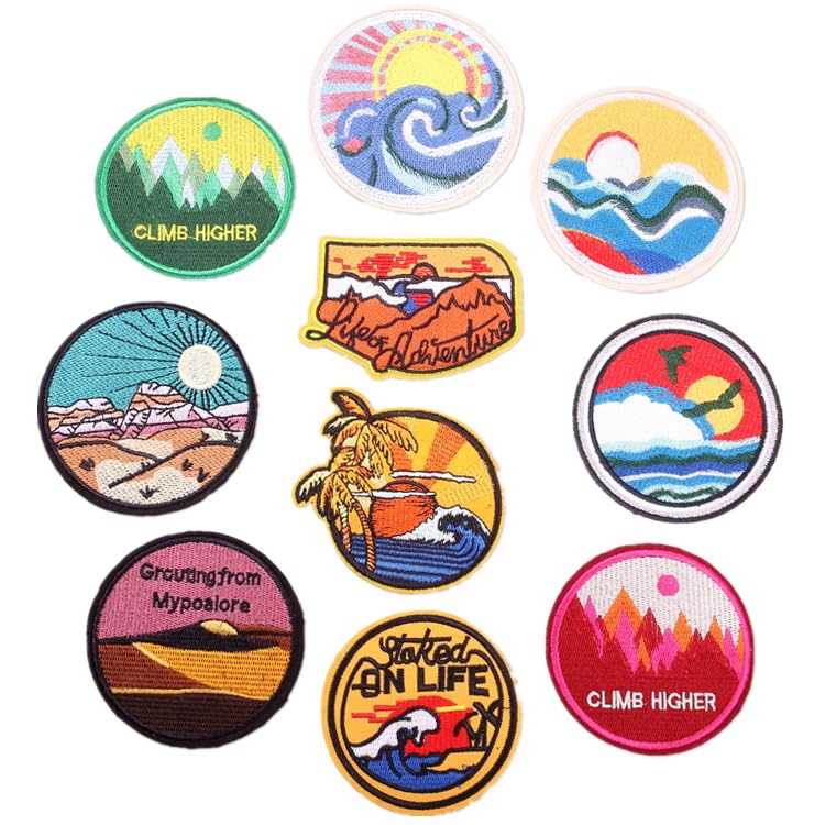 10pcs Sunrise Sunset Iron/Sew on Patches, Climb Higher Embroidered Applique, Fashion Decoration for Clothes, Hat, Bag, Dress, Shirt, Jeans - color: 10pcs Sunrise