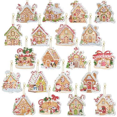Tondiamo 20 Pcs Diamond Art Christmas Ornaments Diamond Painting Keychain - style: Gingerbread House