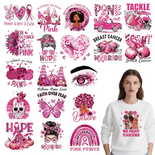 Dtf Transfers Ready to Press - 20Pcs Breast Cancer Awareness Iron on Transfers for Tshirts, Pink Ribbon Iron on Decals Patches, Power Hope Fight Heat Transfer Stickers for DIY Clothing Bags - color: Breast Cancer Awareness578